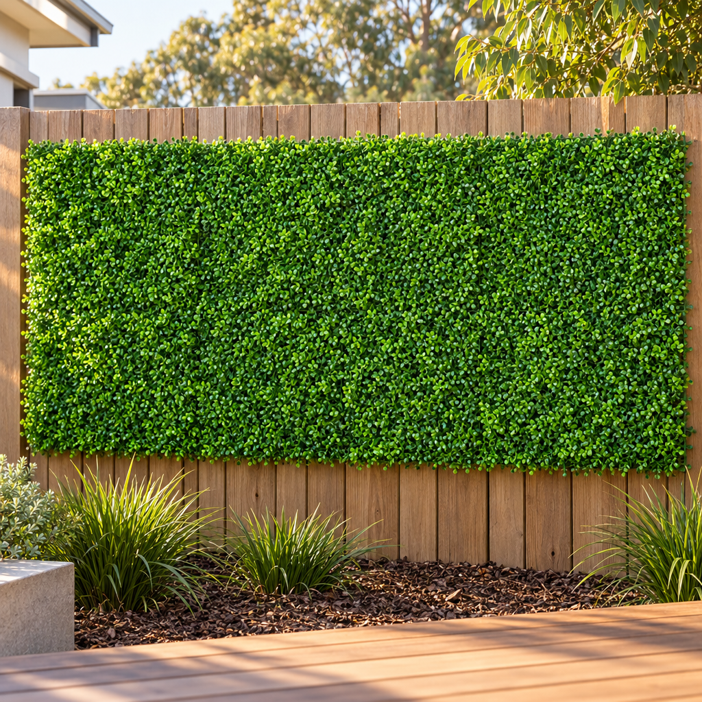 CalmYard Greenwall Artificial Hedge Panels on a timber fence